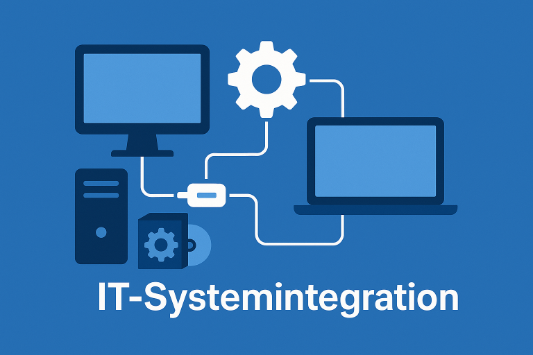 Professionelle IT-Systemintegration für Unternehmen Grafik zur IT-Systemintegration mit verbundenen Geräten und Zahnradsymbol