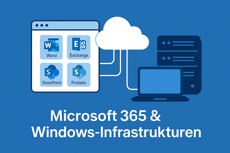 Microsoft 365 & Windows-Infrastrukturen – Effiziente Lösungen für Unternehmen Illustration von Microsoft 365 Komponenten wie Word, Exchange, SharePoint in einer Cloudumgebung