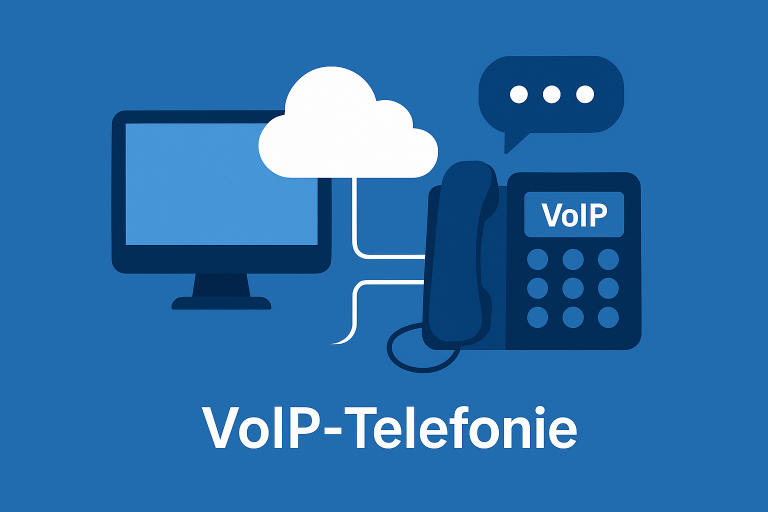 Moderne VoIP-Telefonie für effiziente Kommunikation im Unternehmen Cloudbasierte VoIP-Telefonanlage verbunden mit Computer und Telefon
